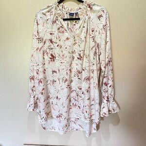 Women's Kaari Blue Round Ruffleneck Size XL Long Ruffle Sleeve Floral Cream Pink